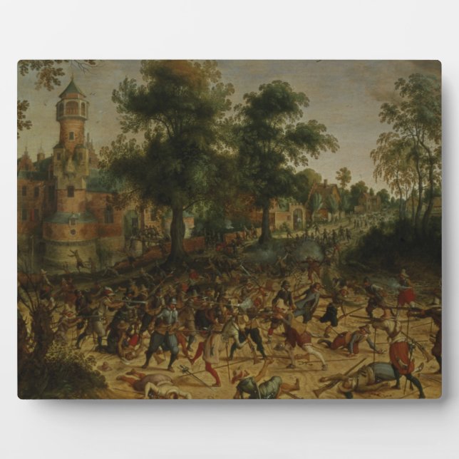Assault on a Town (oil on canvas) Plaque (Front)