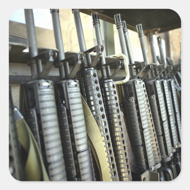Assault rifles stand ready on the weapons rack square sticker (Front)