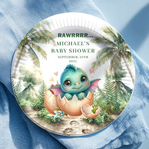 Assiette Charmant bébé dinosaure bleu qui va éclor