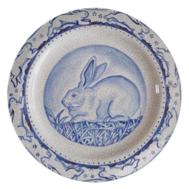 Assiette "Dedham Blue" Rabbit Design Plate, Bleu & Blanc (Devant)
