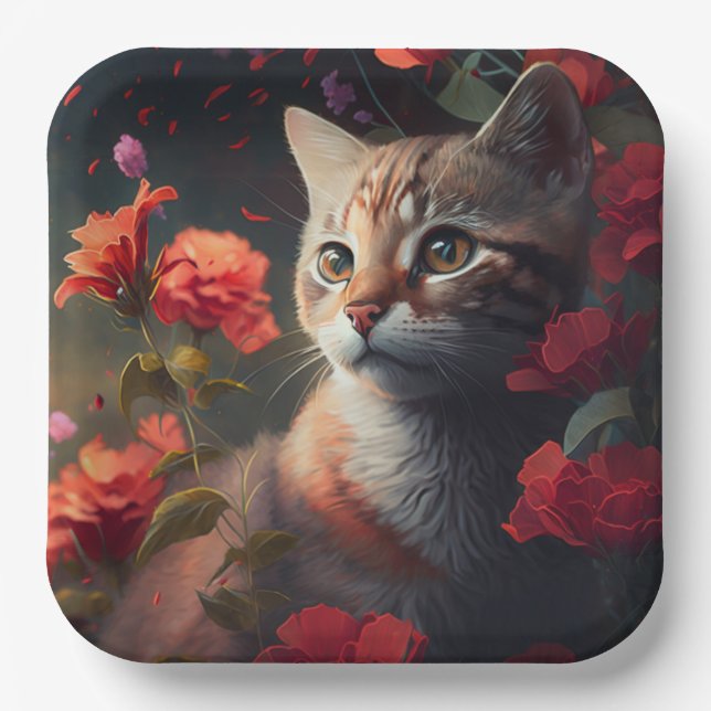Assiette en carton chat fleur (Recto)