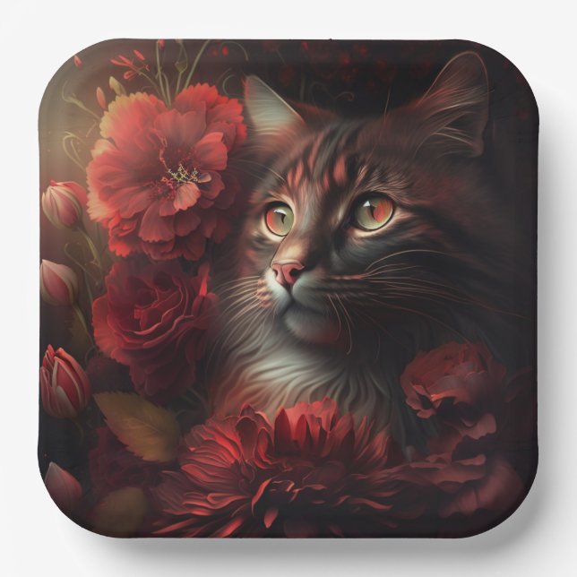 Assiette en carton chat fleur (Recto)