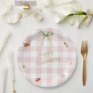 Assiette en papier à carreaux rose personnalisée