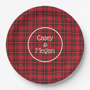 Assiette en papier à carreaux tartan rouge