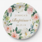 Assiette en papier baptême floral rose