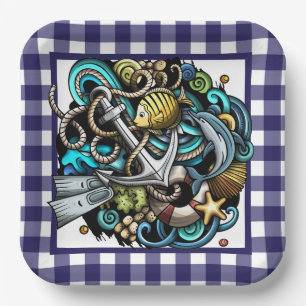 Assiette en papier bleu à carreaux marin