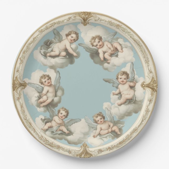 Assiette en papier bleu nuage de chérubin rococo é (Devant)