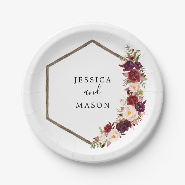 Assiette en papier bordeaux bohème pour mariage (Devant)
