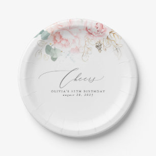 Assiette en papier botanique élégante à fleurs ros