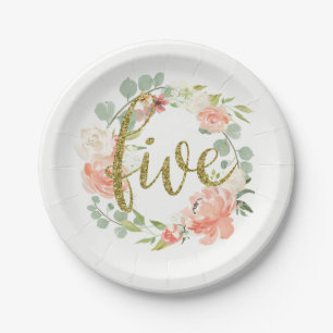 Assiette en papier Couronne Florale Rose Or pour 5