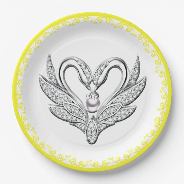 Assiette en papier Cygnes argentés Ruban jaune (Devant)