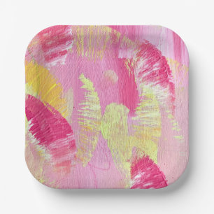Assiette en papier d'art abstrait rose et jaune