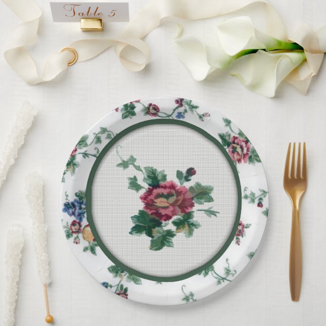 Assiette en papier Faux Point de Rose (Mariage)