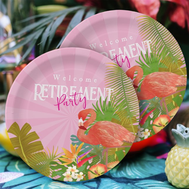 Assiette en papier Flamant Rose Retraite  (Flamingo Retirement  Pink Party Plate)