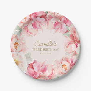 Assiette en Papier Fleur Rose Fille Anniversaire
