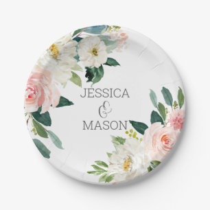 Assiette en papier Fleurs de monogramme de mariage