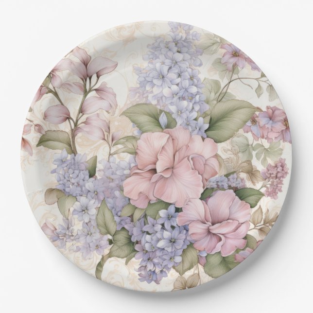 Assiette en papier floral rose violet (Devant)