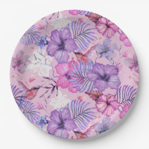 ASSIETTE EN PAPIER:  HIBISCUS ET HUMMINGBIRS DE CO