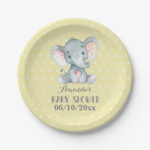 Assiette en papier jaune Baby shower éléphant
