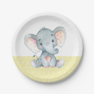 Assiette en papier jaune Baby shower éléphant