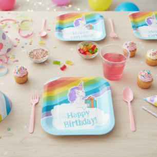 Assiette en papier Licorne Arc-en-ciel Joyeux Anni