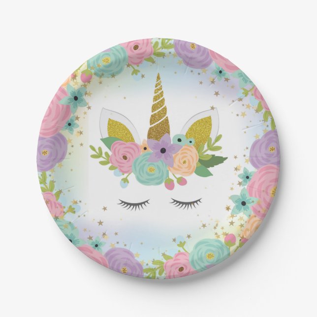 Assiette en papier licorne florale (Devant)