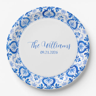Assiette en papier mariage bleu blanc faux Delft