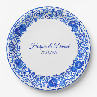 Assiette en papier mariage bleu blanc Faux Delft