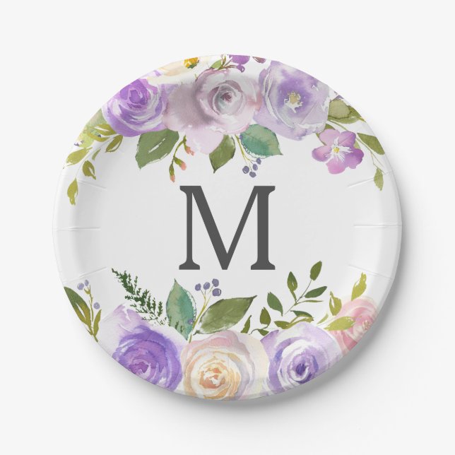Assiette en papier Monogramme Floral Lavande pour  (Devant)
