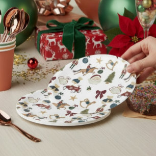 Assiette en papier motif jouets de Noël aquarelle