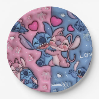Assiette en papier pour couple Mignon Stitch et An