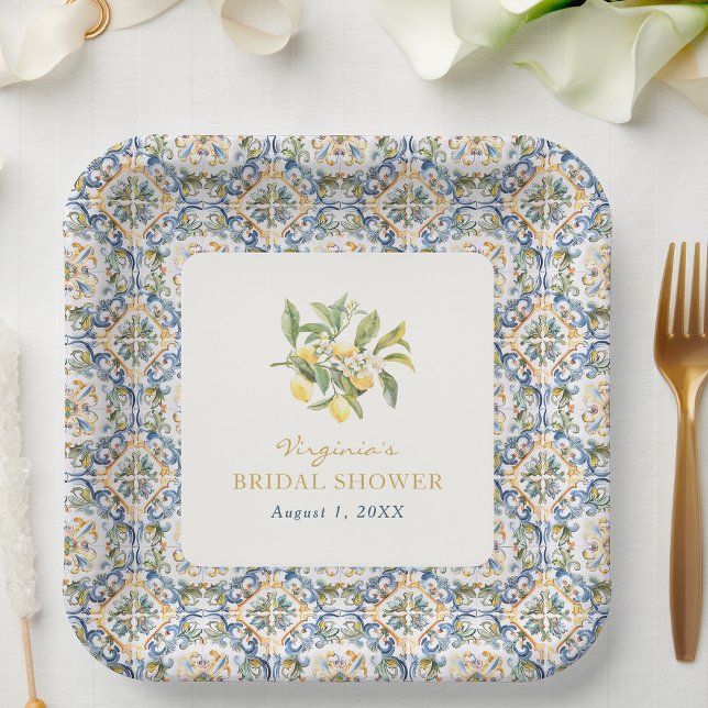 Assiette en papier pour douche de mariée italienne (Italian Lemon Blue Bridal Shower Paper Plate by Painted Paperie
)