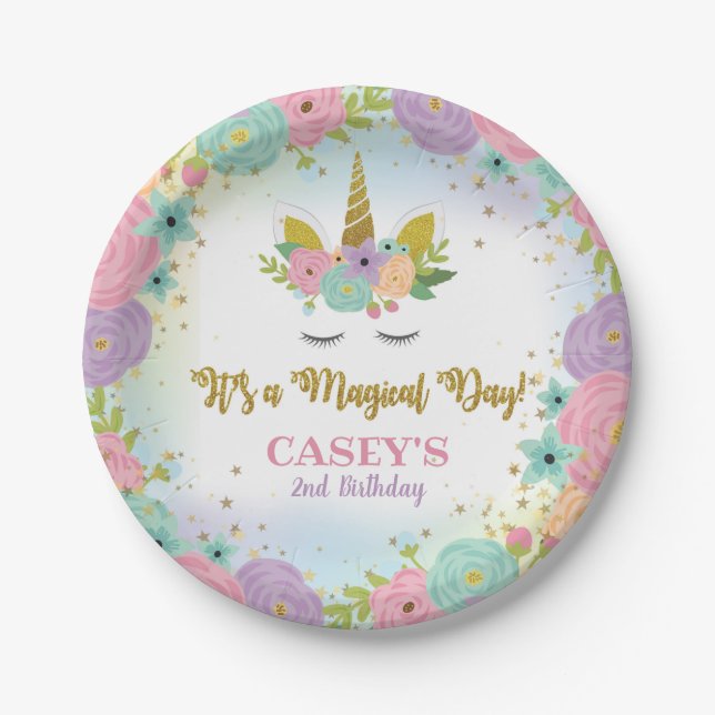 Assiette en papier pour fête d'anniversaire Licorn (Devant)