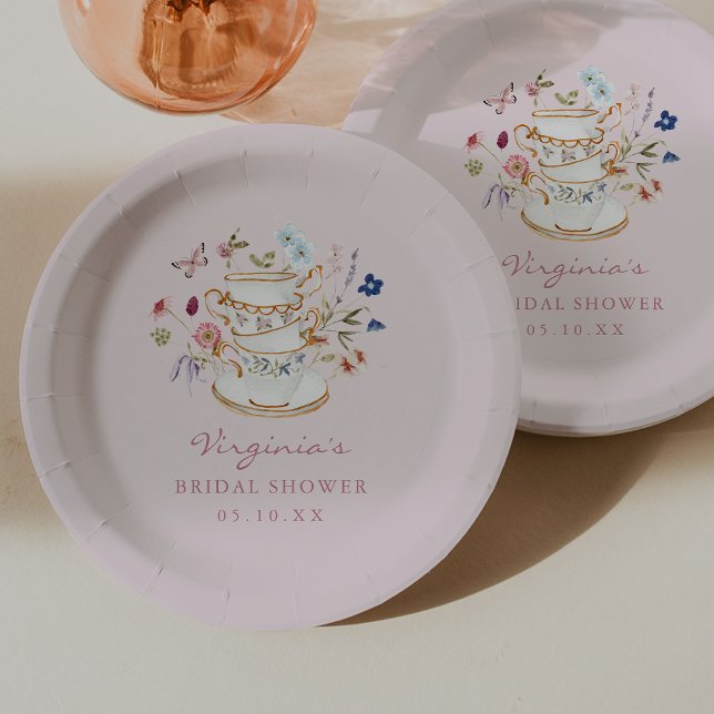 Assiette en papier Rose pour Tea Party (Pink Tea Party Paper Plates with Butterfly by Painted Paperie
)