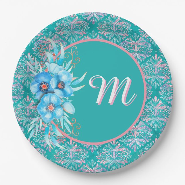 Assiette en papier sarcelle monogrammée (Devant)