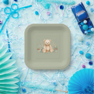 Assiette en papier Teddy Bear Woodland Vert Sauge