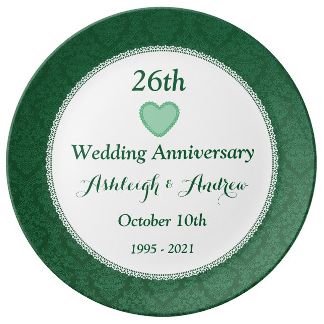 Assiette En Porcelaine 26e anniversaire Mariage Emerald Green W20F (Devant)