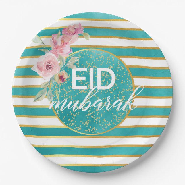 Assiette florale sarcelle dorée Eid Mubarak (Devant)