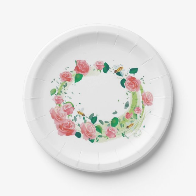assiette mariage avec roses et abeilles (Devant)
