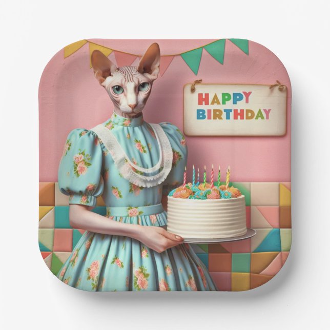Assiette | Retro Sphynx Chat Anniversaire Pink (Recto)