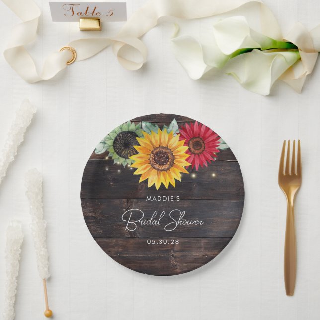Assiettes de Tournesols Rustiques sur Bois de Gran (Mariage)