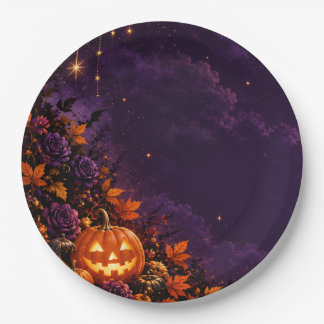 ASSIETTES EN CARTON 幻想的なゴシックハロウィン 紫の夜空とパンプキン ペーパープレート