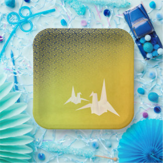 ASSIETTES EN CARTON 折鶴と紗綾形紋様(金地に紺青色)のペーパープレート