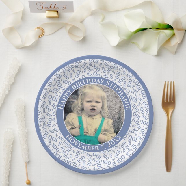 Assiettes En Carton 100 Votre photo Numéro Aléatoire Motif Bleu/Blanc (Mariage)