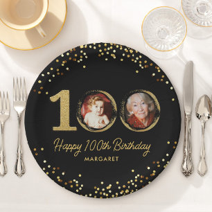 Assiettes En Carton 100e anniversaire Photo Elegant Black Gold Parties