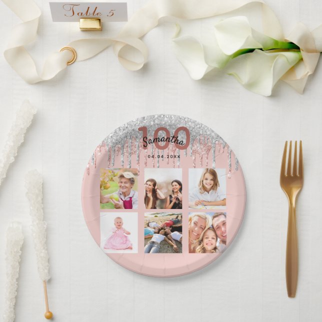 Assiettes En Carton 100e anniversaire rose or parties scintillant arge (Mariage)