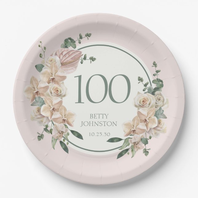 Assiettes En Carton 100e anniversaire Tropical Floral (Devant)