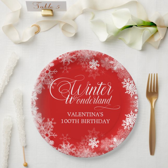 Assiettes En Carton 100e Anniversaire Wonderland Snowflake Rouge (Mariage)