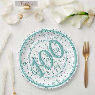 Assiettes En Carton 100e Soirée Centenaire Turquoise/blanche