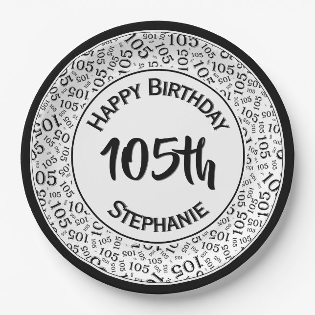 Assiettes En Carton 105e anniversaire moderne Numéro Motif noir/blanc (Devant)
